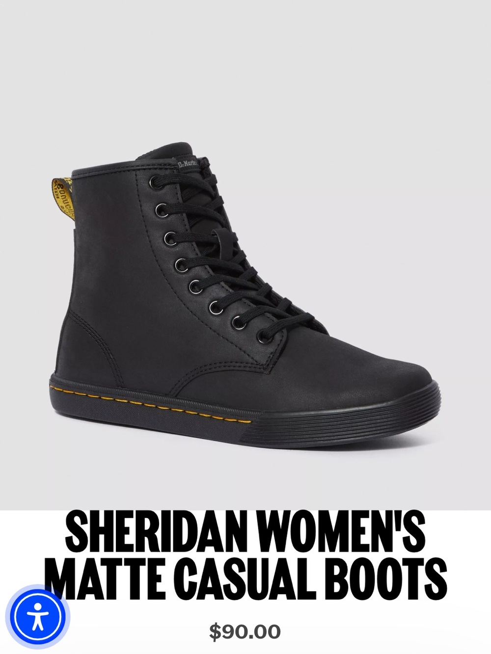 Dr. Martens Women's Matte Black Lace-Up Ankle Boots with Yellow Stitch